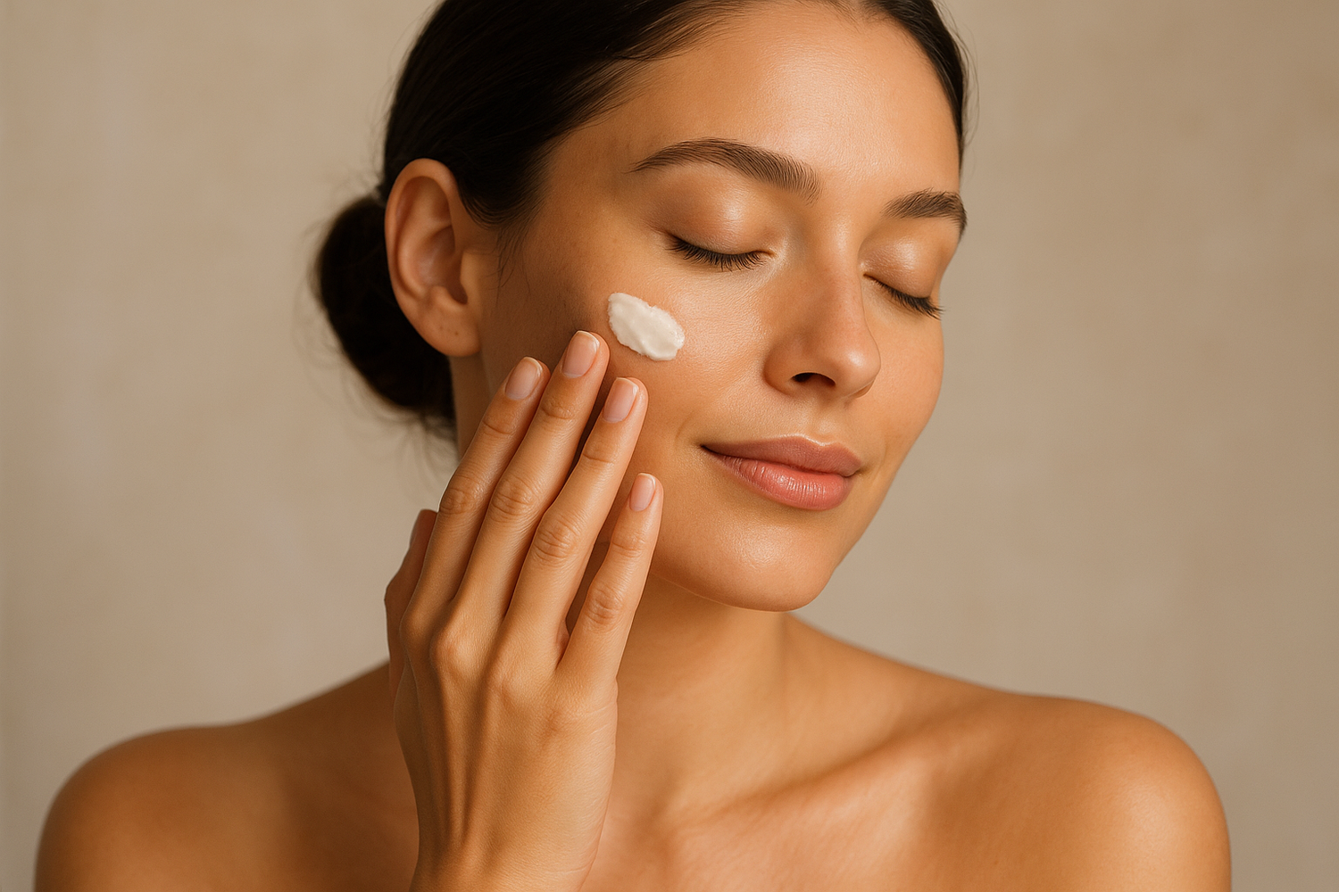 una mujer bella poniendose crema de un producto de belleza en el rostro sin mostrar el producto 